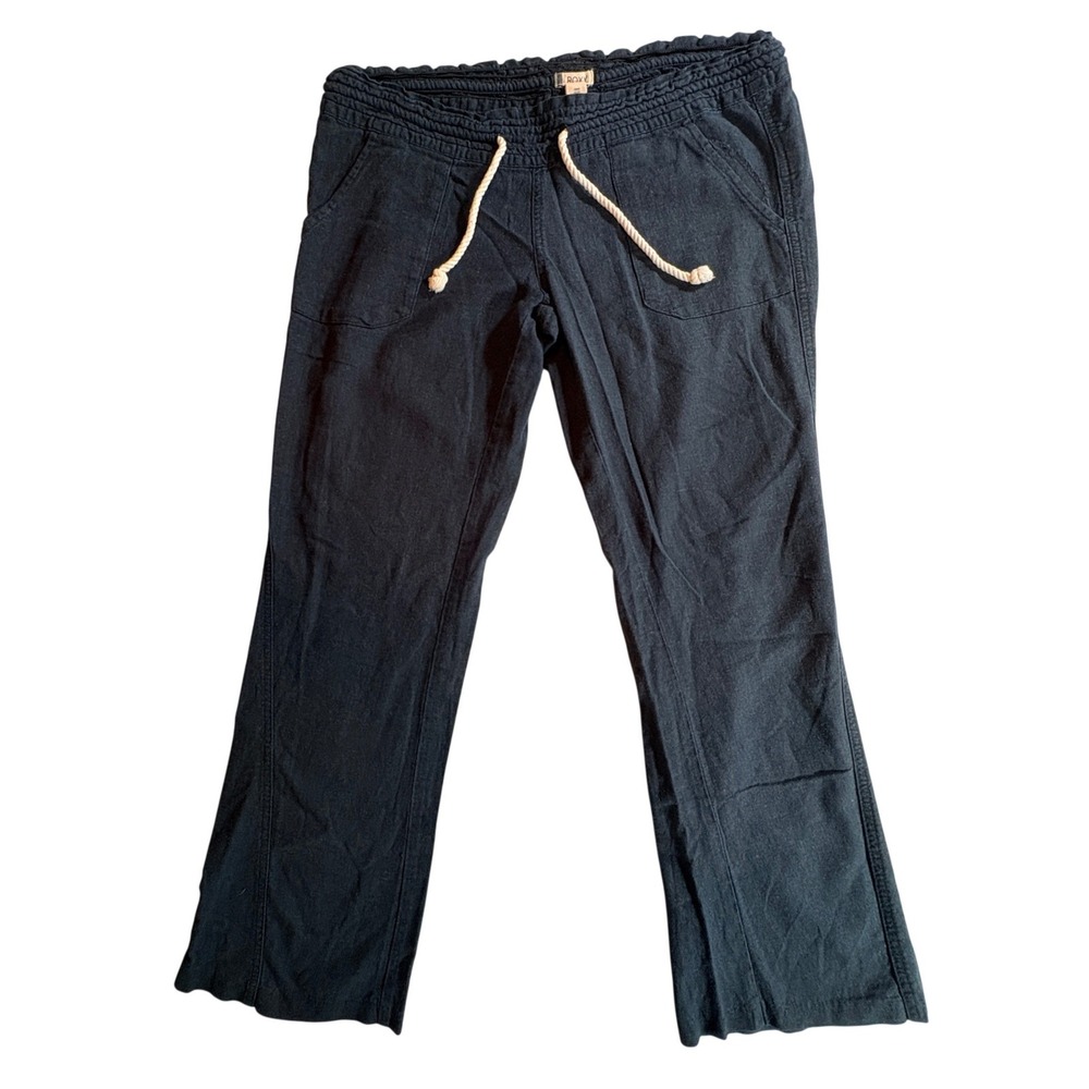 Roxy Linen Blend Beach Pants Womens Medium Black Relaxed Wide Leg Summer Lounge